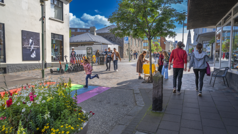 People walking, flowers and trees.