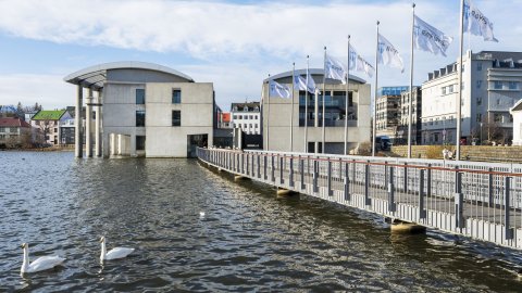 Ráðhúsið séð frá enda brúarinnar, til vinstri við hana. Tveir svanir í forgrunni, brúin og fánarnir til hægri.
