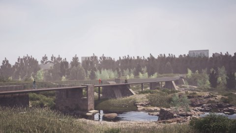 teikning af brú, gróðri og á.