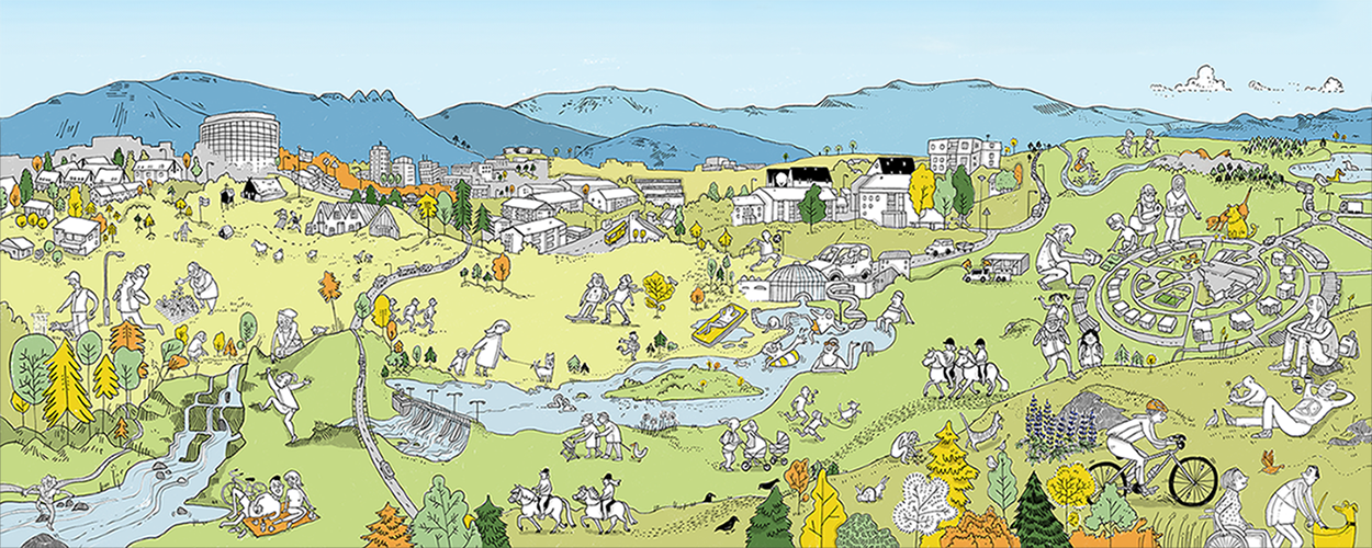Teikning af Árbæjarhverfi með fólki, náttúru, fjalli og húsum.